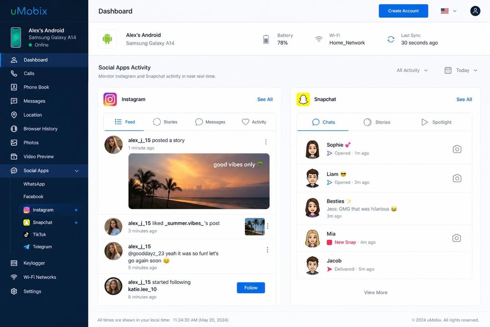 The uMobix dashboard displaying near real-time Instagram and Snapchat activity from a child's Android phone.