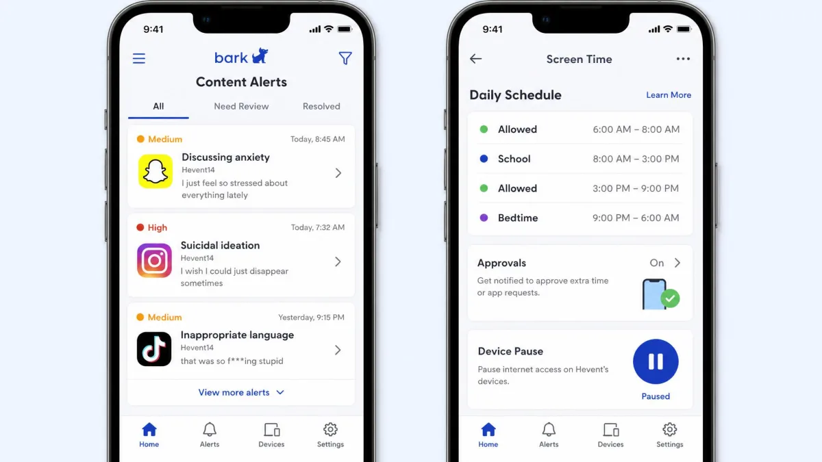 The Bark parent app on a phone showing a list of content alerts with severity labels, alongside a screen time schedule panel with a device pause button.