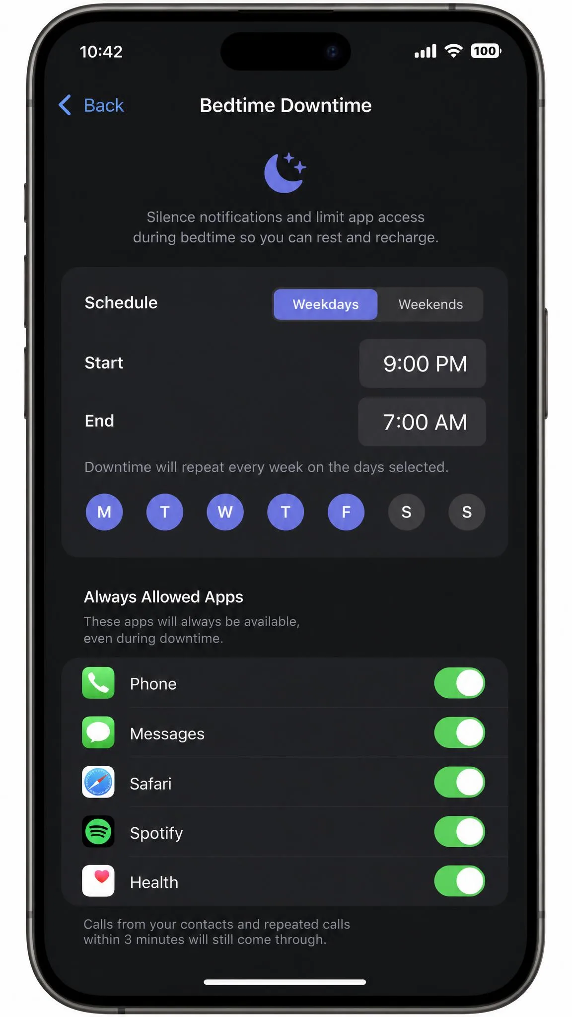 A phone screen showing a bedtime downtime schedule being configured from 9pm to 7am, with a weekday and weekend toggle and an always allowed apps list underneath.