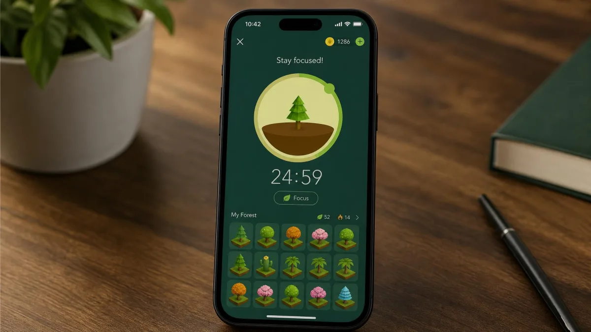 A phone showing Forest's focus timer mid-session with a partly grown tree, a twenty five minute countdown, and a grid of previously planted trees below.