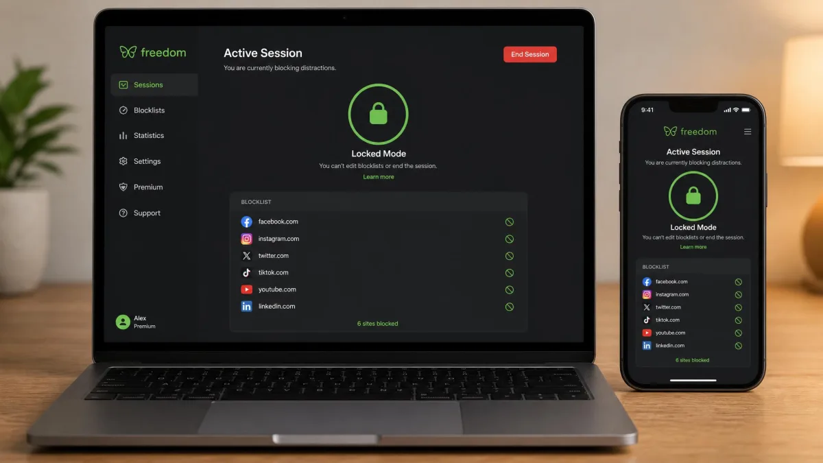 A laptop and a phone side by side, both showing Freedom's active session screen with Locked Mode enabled and a blocklist of social media sites listed.
