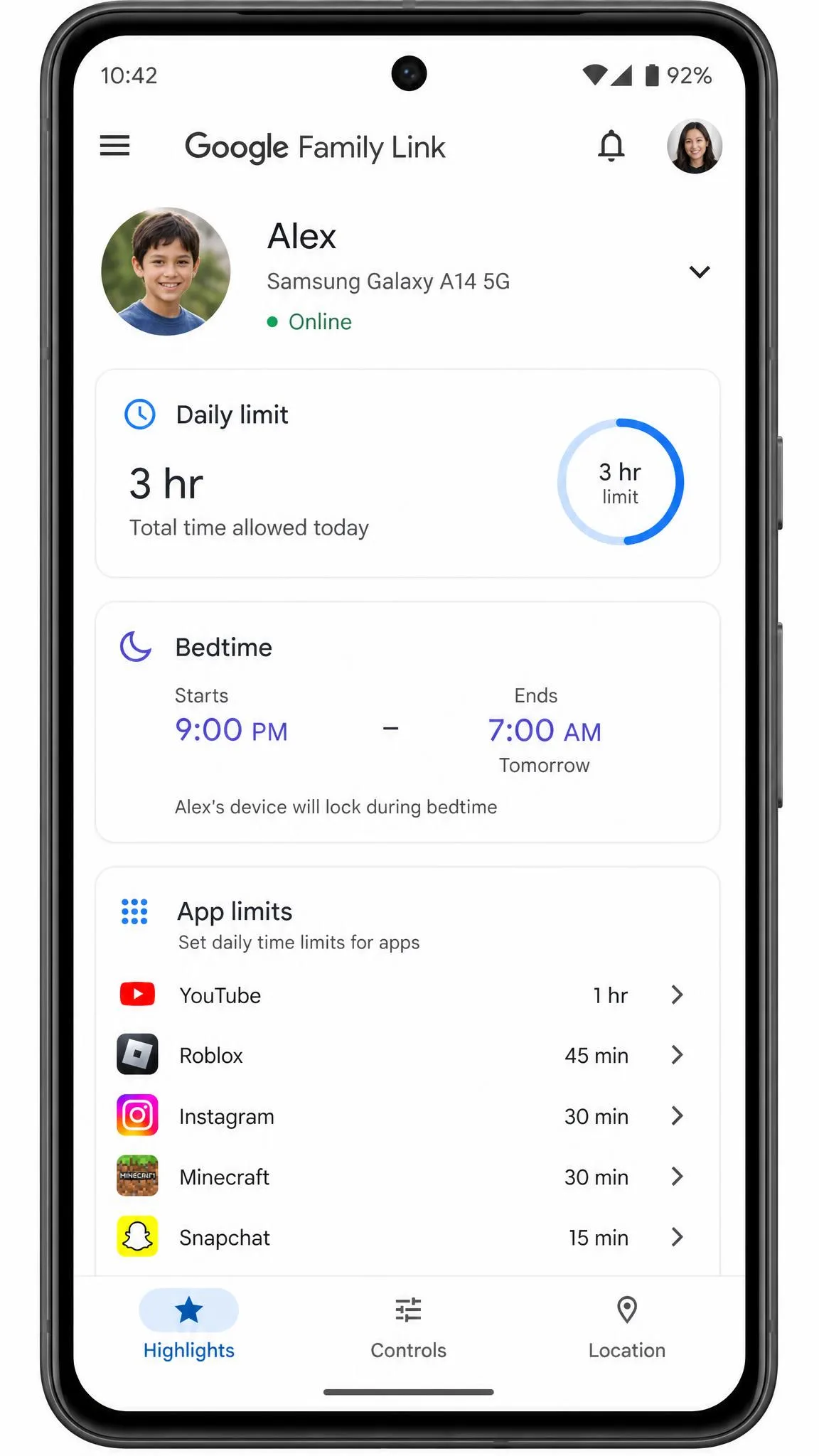 The Google Family Link parent app on an Android phone showing a child profile with a daily limit of three hours, a bedtime schedule from 9pm to 7am, and per-app limits listed beneath.