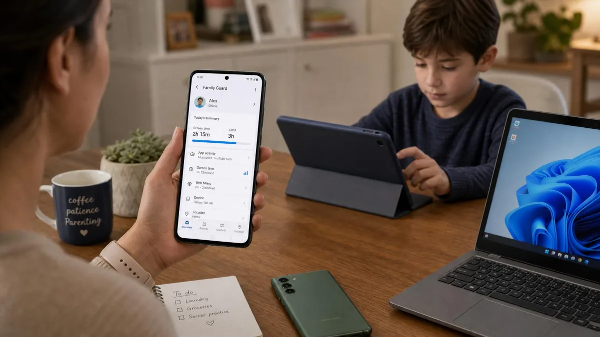 A parent holding a phone with a parental control dashboard open while a child uses a tablet at a table, with an Android phone and a Windows laptop also visible nearby.