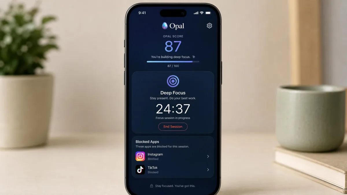 An iPhone showing Opal's Deep Focus session screen with a countdown timer, a blocked apps list including Instagram and TikTok, and the Opal Score displayed above.