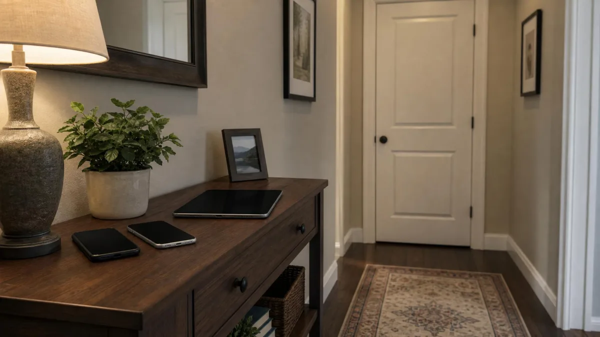 A hallway table with two phones and a tablet, with a bedroom door closed in the background.