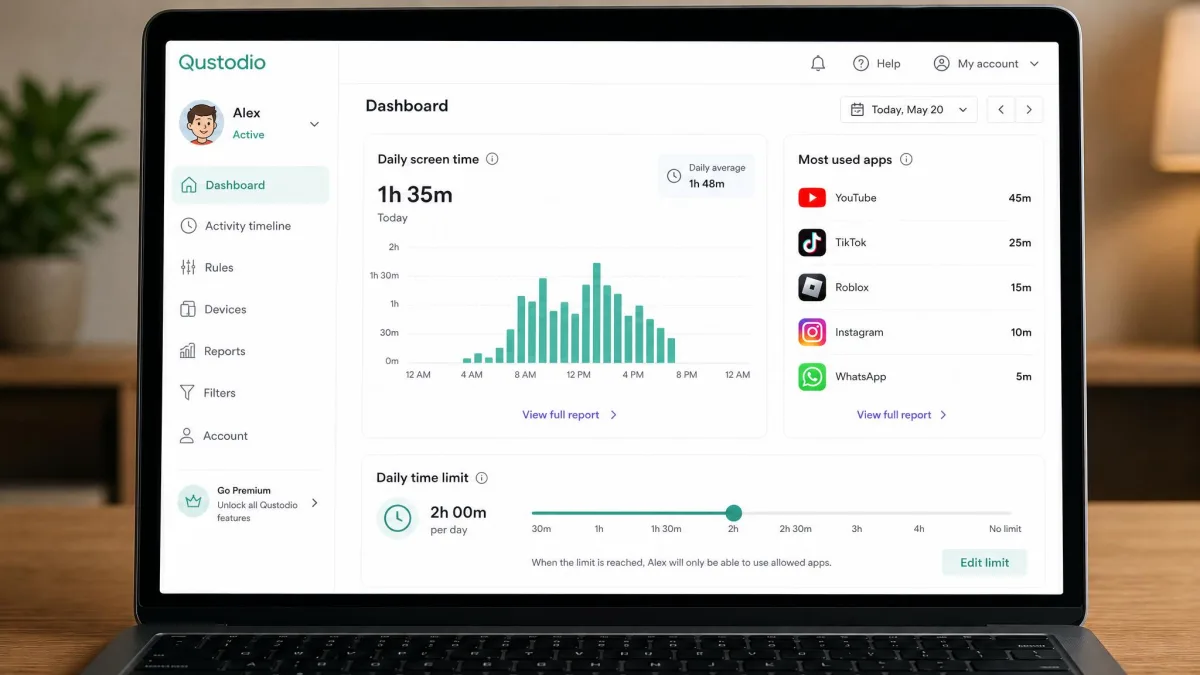 Qustodio's parent dashboard on a laptop showing a child's daily screen time chart, a list of most used apps, and the daily time limit slider set to two hours.
