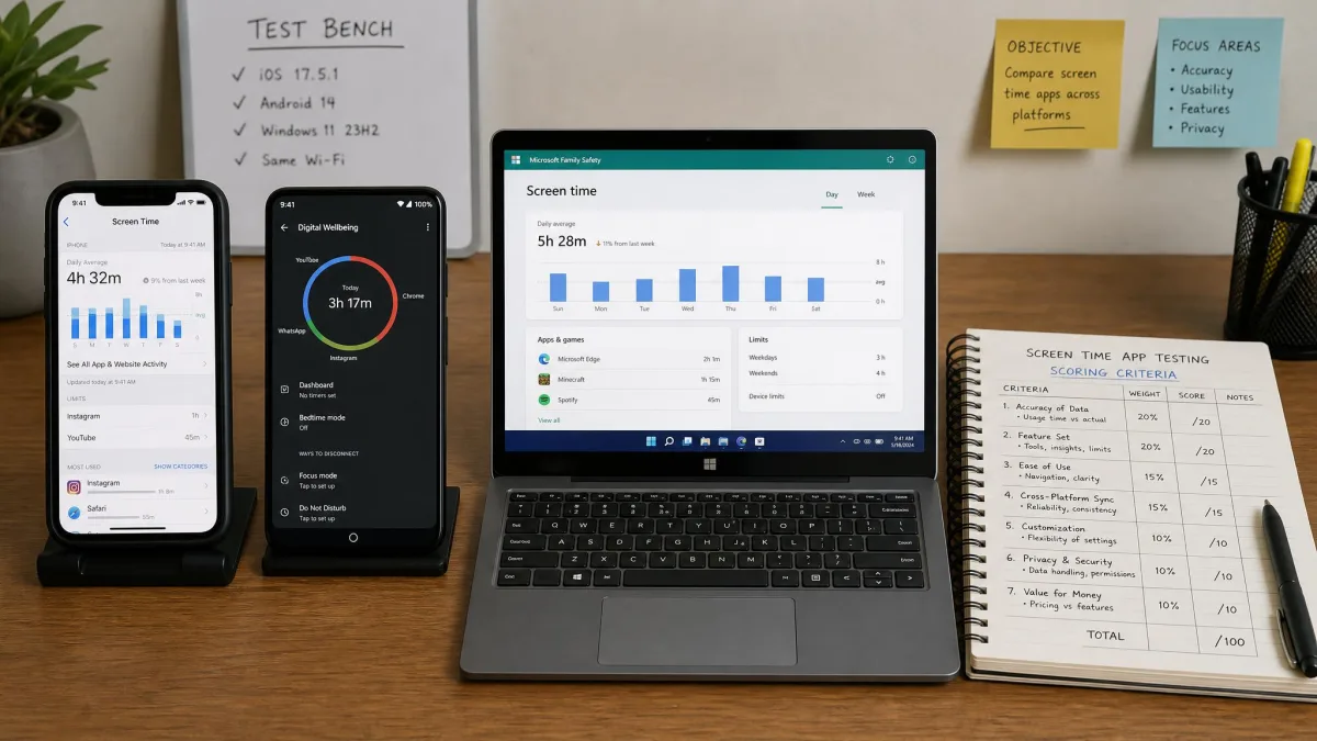 A testing bench with an iPhone, an Android phone and a Windows laptop side by side, each running a different screen time app while a notebook of scoring criteria sits beside them.