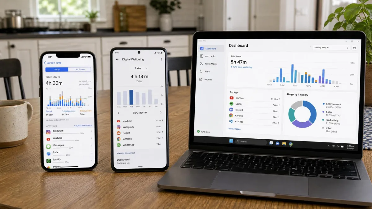 An iPhone, an Android phone and a laptop laid out on a kitchen table, each showing a different screen time app dashboard with daily usage charts visible.
