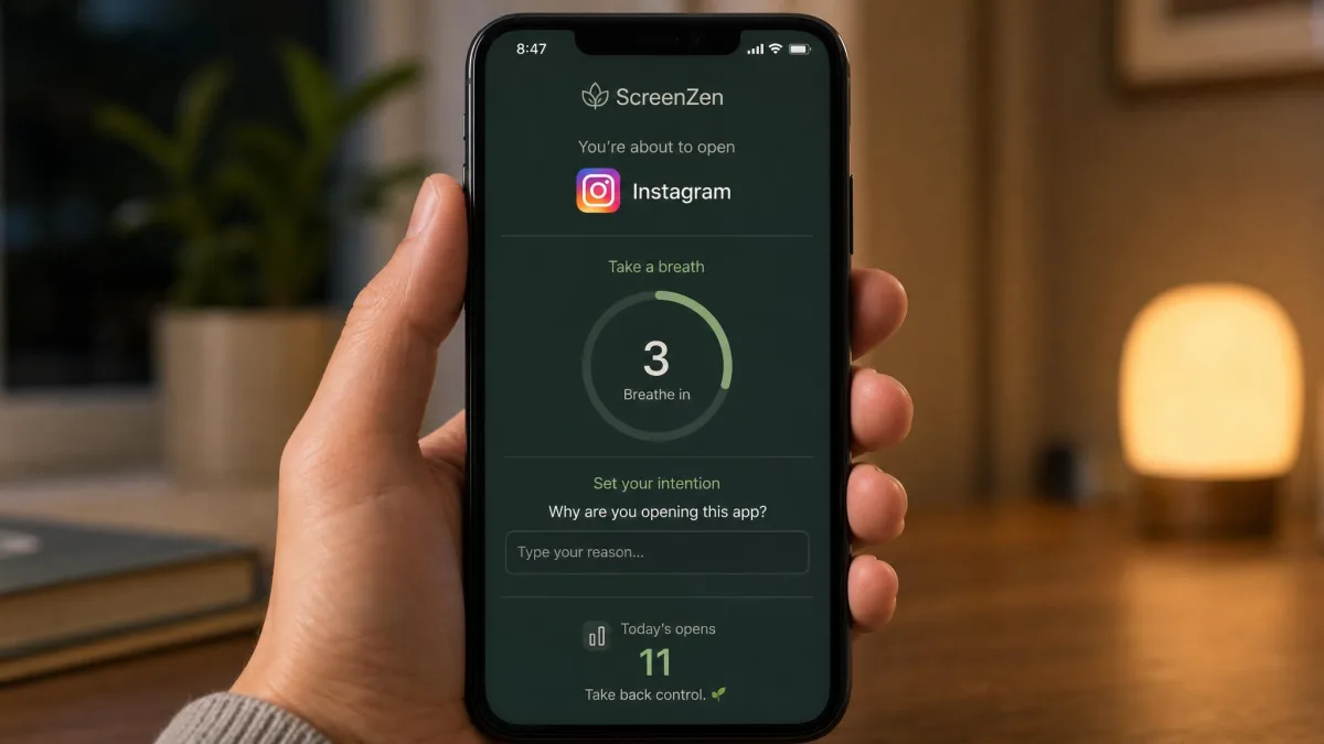 A phone showing ScreenZen's interception screen in front of Instagram, with a breathing countdown circle, an intention prompt asking why you are opening the app, and a daily open count of eleven.