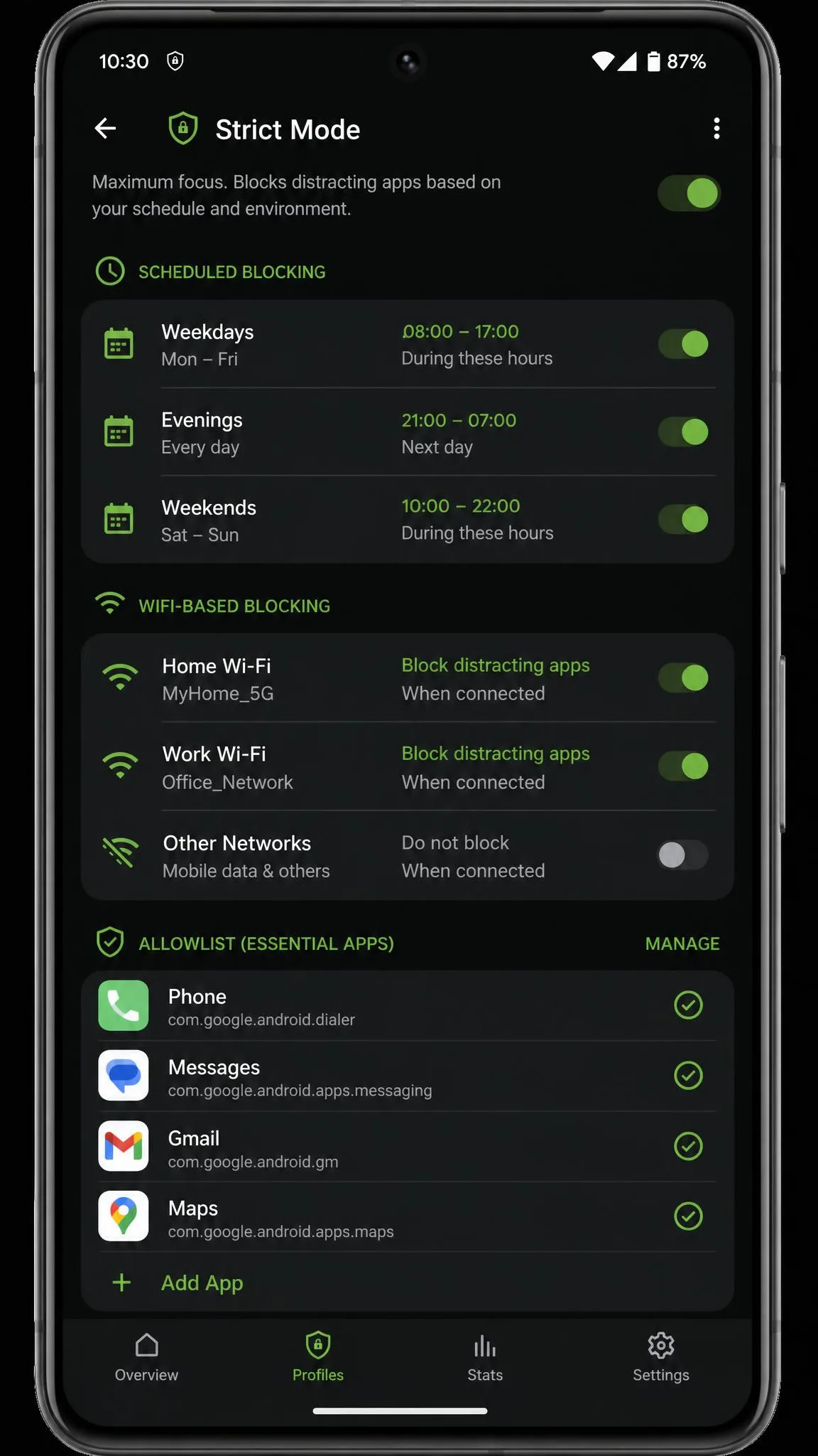 AppBlock's Strict Mode profile on an Android phone showing scheduled blocking rules by time and Wi-Fi with an allowlist of essential apps.