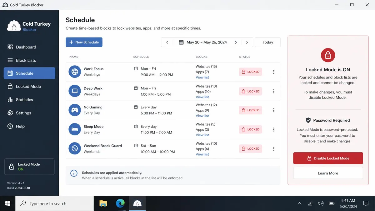 Cold Turkey Blocker's schedule on Windows showing locked blocks for websites and apps with a password-protected Locked Mode warning.