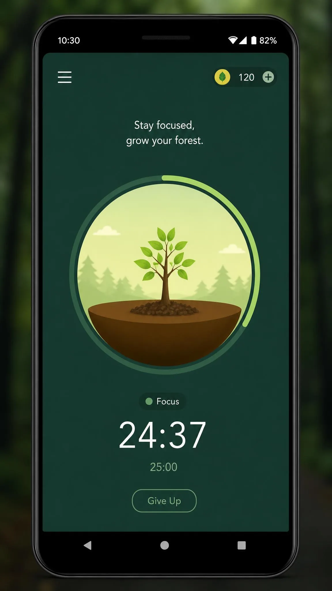Forest's focus session on an Android phone with a young tree growing and the remaining session timer counting down.