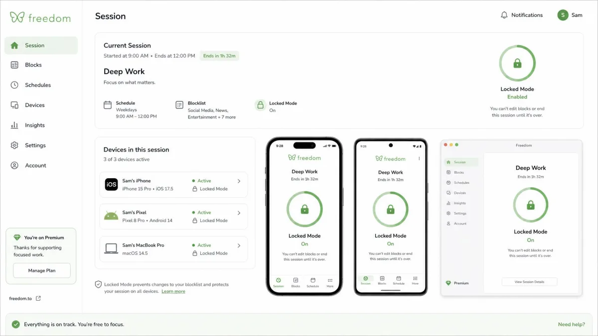 Freedom's session dashboard showing a scheduled block running across iOS, Android, and desktop devices with Locked Mode enabled.