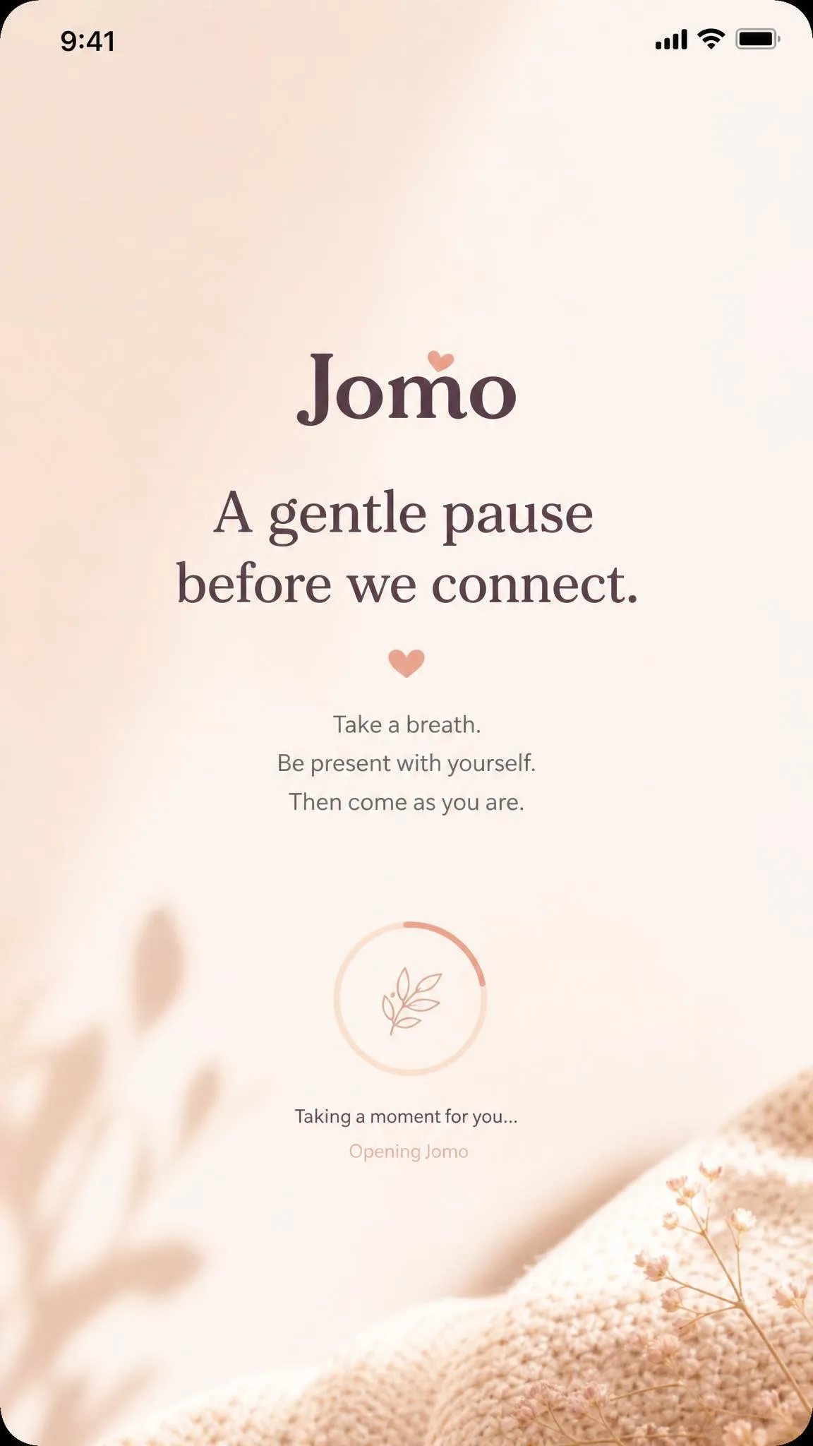 Jomo's soft lock screen on an iPhone with a gentle pause and a message before the social app opens.