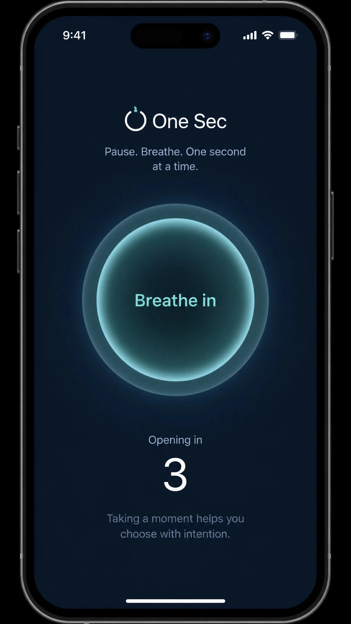 One Sec's pause screen on an iPhone showing a breathing animation with a countdown before the protected app opens.