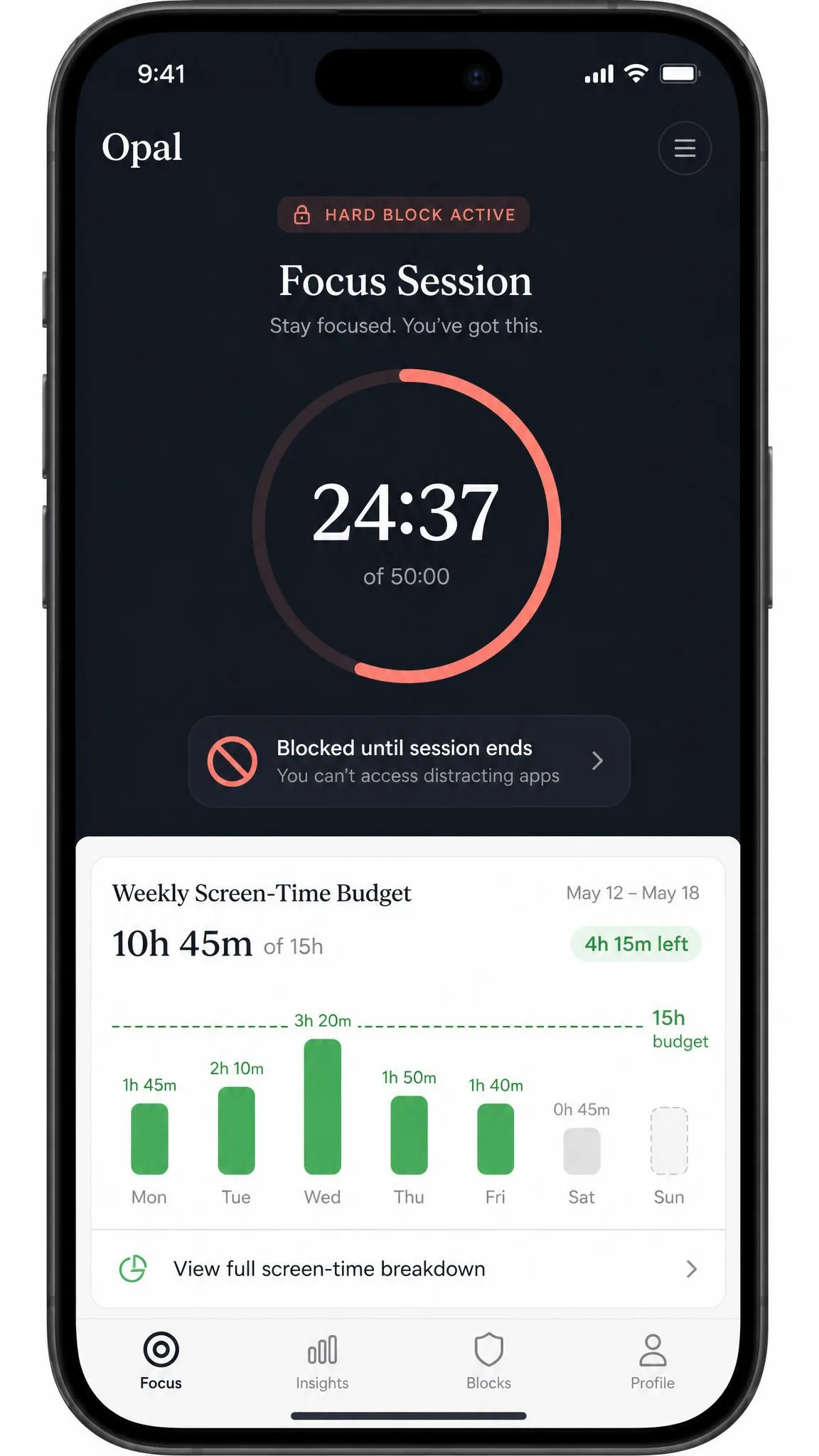 Opal's focus session timer on an iPhone with a hard block active and the weekly screen-time budget chart below it.
