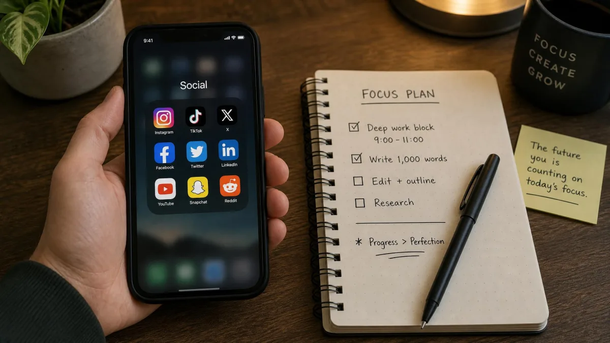 A hand holding a phone that displays a grid of social media app icons beside a pocket notebook, illustrating the shift from scrolling to focused work.