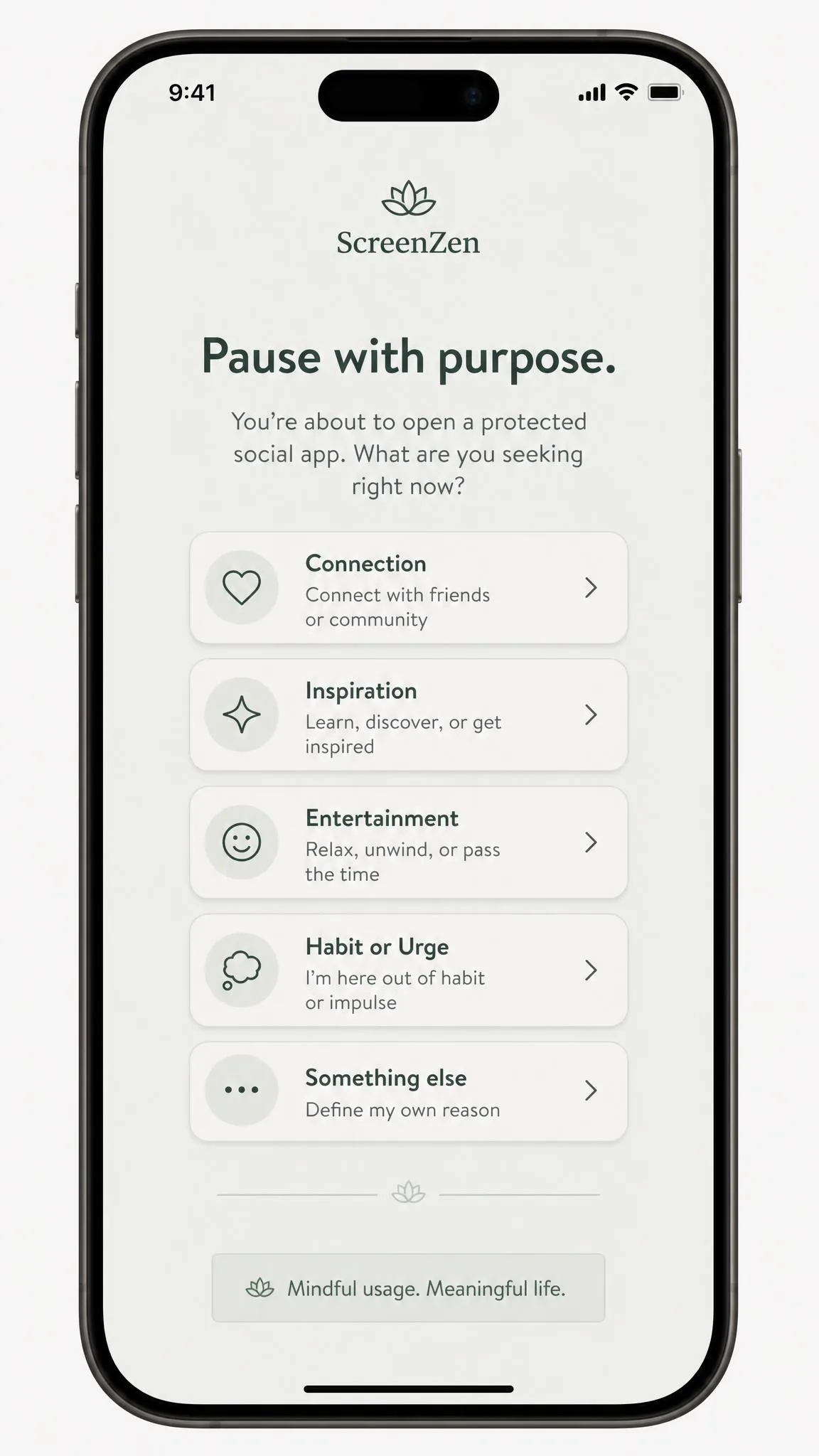 ScreenZen's interstitial pause on an iPhone asking what the user is seeking before the protected social app opens.