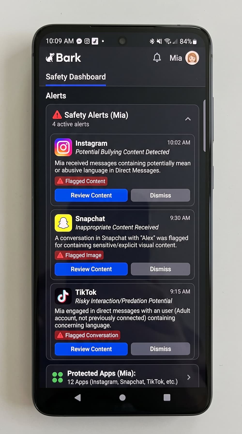 Bark parent dashboard on an iPhone showing AI safety alerts flagged across texts and social apps.