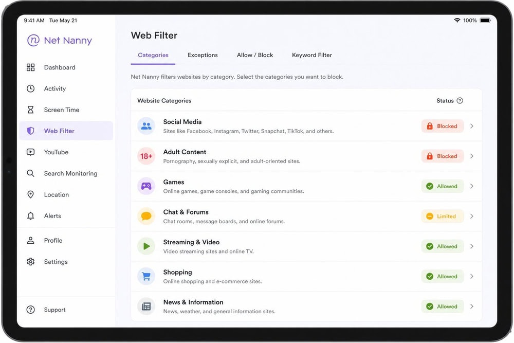 Net Nanny settings on a tablet showing website category filters with social-media and adult content blocked.
