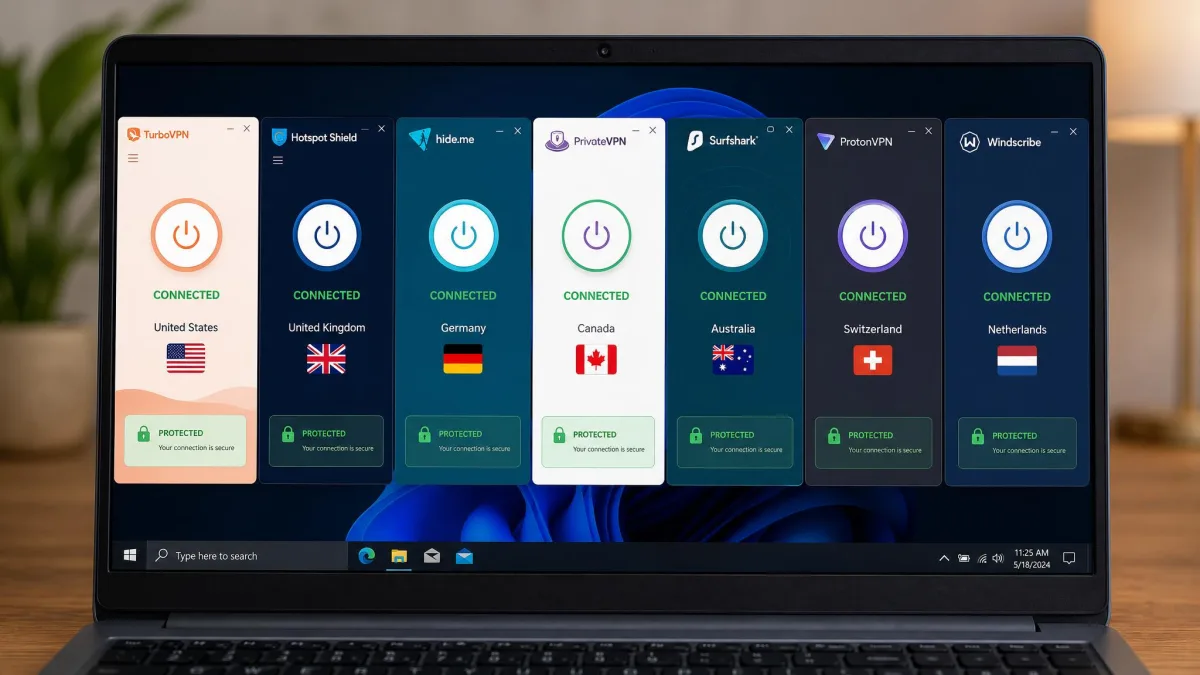 Seven cheap VPN desktop apps arranged side by side on a laptop screen, each showing a connected status with a country flag and a green protected indicator.