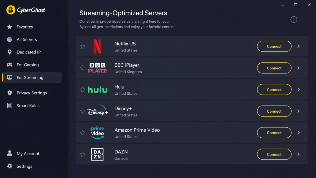 CyberGhost app showing a list of streaming-optimized servers each labelled with a service name such as Netflix US, BBC iPlayer, and Hulu, with a connect button beside each entry.