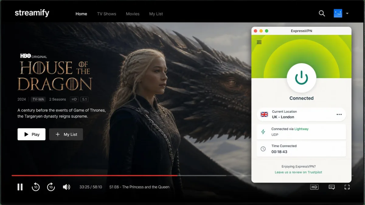 ExpressVPN connected via the Lightway protocol with a streaming service playing in HD in the background and the app showing a stable connection.