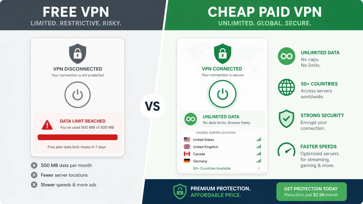 A split comparison graphic contrasting a free VPN with a data cap warning on one side and a cheap paid VPN showing unlimited data and multiple country servers on the other.