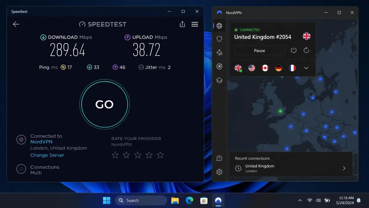A speed test result on screen while connected to NordVPN, showing a download figure near 290 Mbps with the VPN app open beside it displaying a connected server.