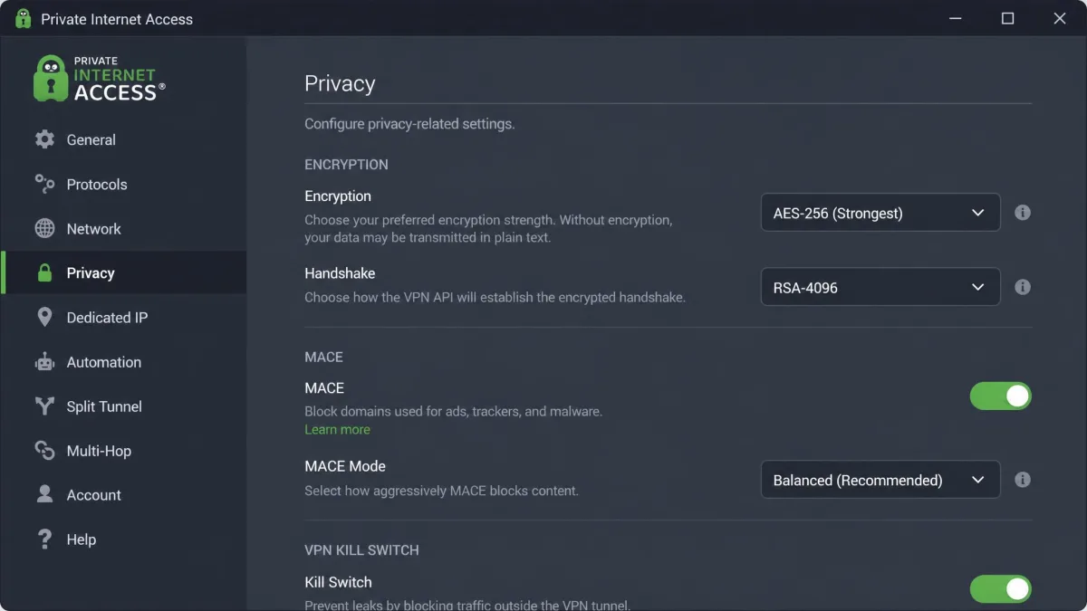 Private Internet Access desktop app open on its settings screen, showing configurable encryption options and the MACE ad blocker toggle.
