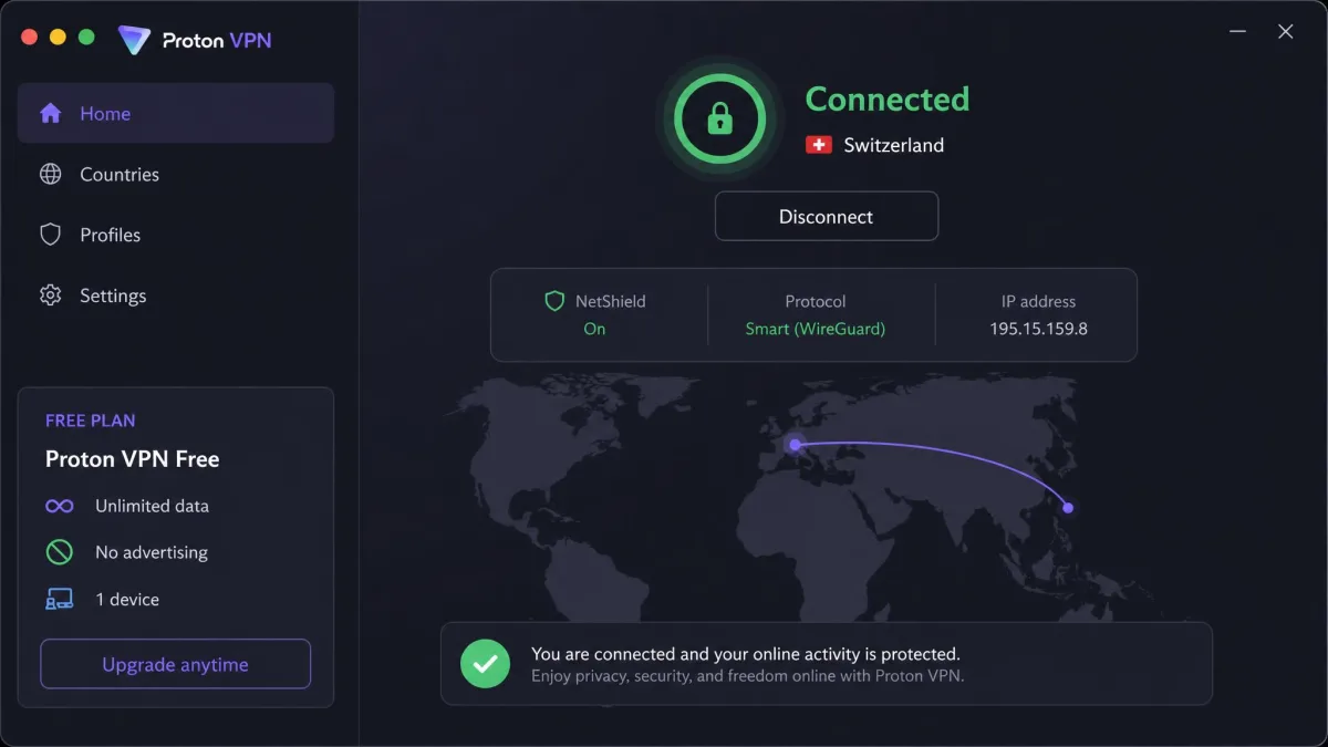 Proton VPN app showing the free plan connected with an unlimited-data label and no advertising, running on a single device.