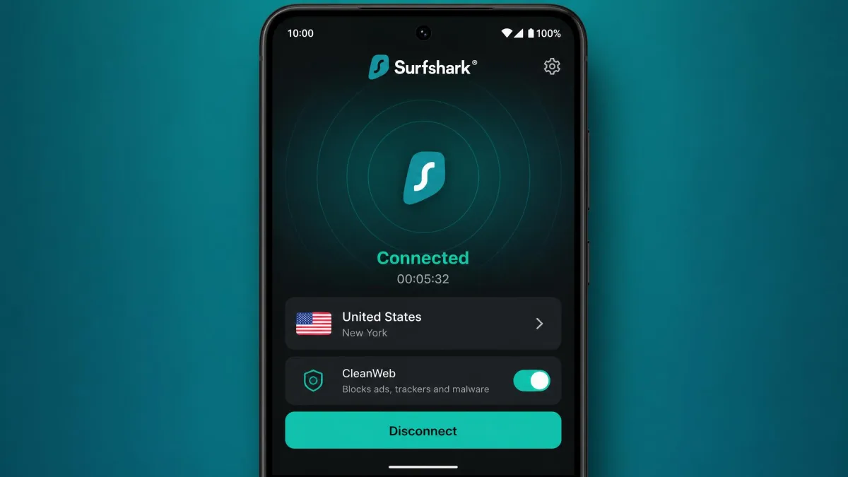 Surfshark's Android app showing a connected status with a chosen country, the CleanWeb toggle enabled, and a clean single-button interface.