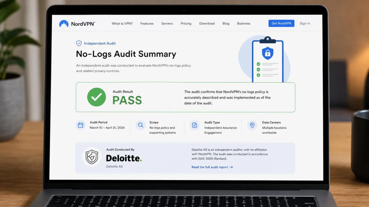 A laptop screen displaying an independent no-logs audit summary page for a VPN provider, with a pass result and the auditor's name visible.