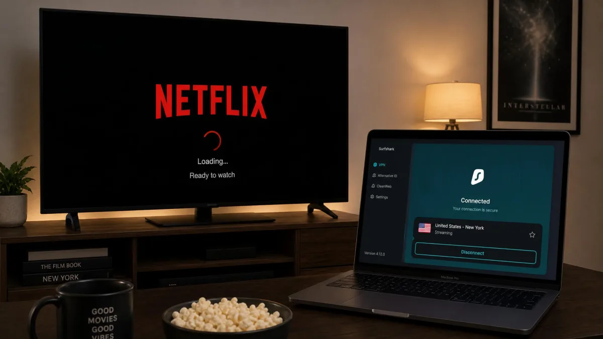 A television showing Netflix loading successfully while a VPN app on a nearby laptop displays a connected US streaming server.