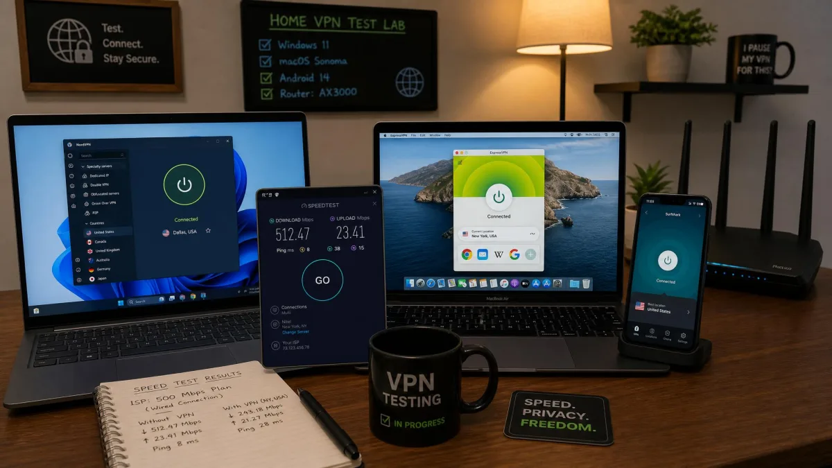 A home testing desk with a Windows laptop, a MacBook, and an Android phone all running VPN apps, with a broadband router and a speed-test result visible on the main screen.