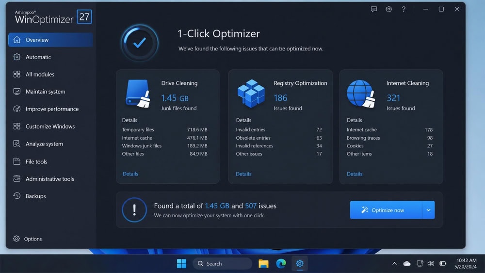 Ashampoo WinOptimizer 1-Click Optimizer screen on Windows 11