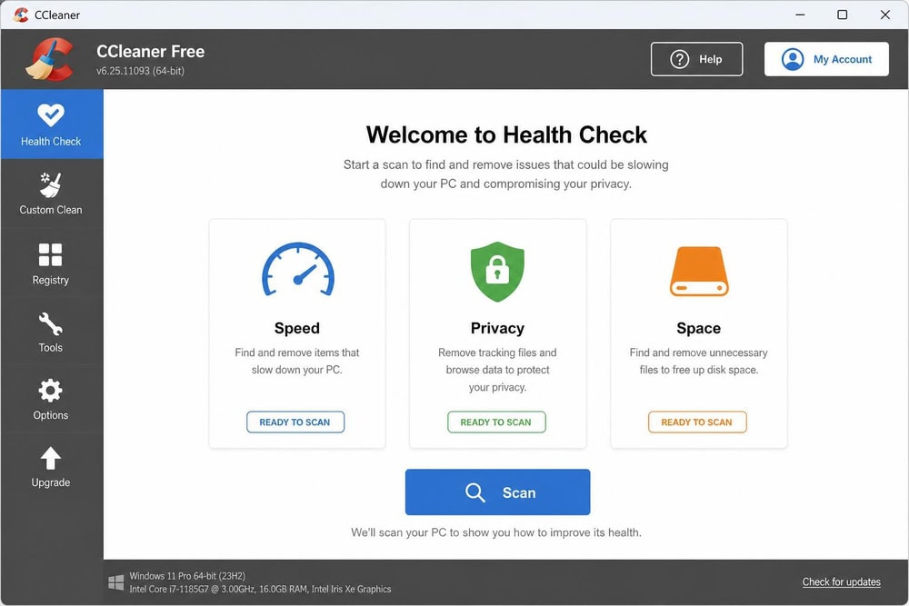 CCleaner's Health Check dashboard on Windows 11 showing speed, privacy, and space categories ready to scan with a single Scan button.