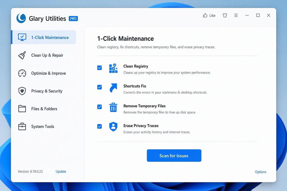 Glary Utilities' 1-Click Maintenance tab on Windows 11 with checkboxes for clean registry, shortcuts fix, temporary files, and privacy traces selected.