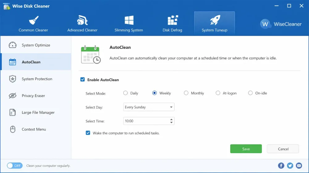 Wise Disk Cleaner AutoClean settings on Windows 11 with the schedule set to run a cleanup weekly when the system is idle.