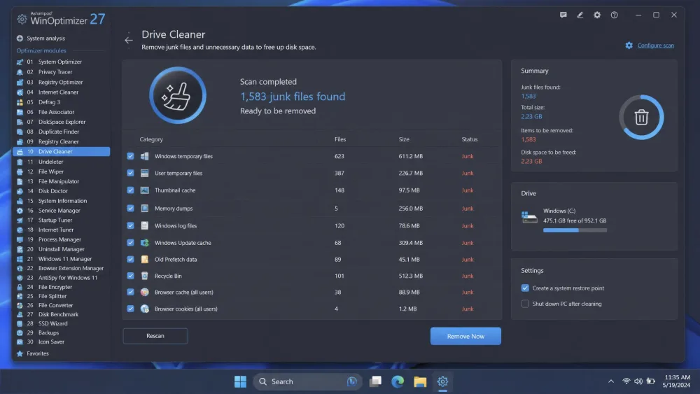 The Ashampoo WinOptimizer Drive Cleaner screen on Windows 11 showing detected junk files ready to remove, with the module sidebar listing around thirty optimization tools.