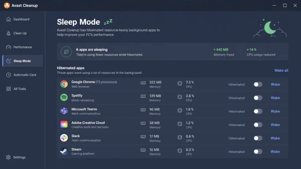The Avast Cleanup Sleep Mode screen on Windows listing resource-heavy background apps that have been hibernated, with a toggle to wake each one on demand.
