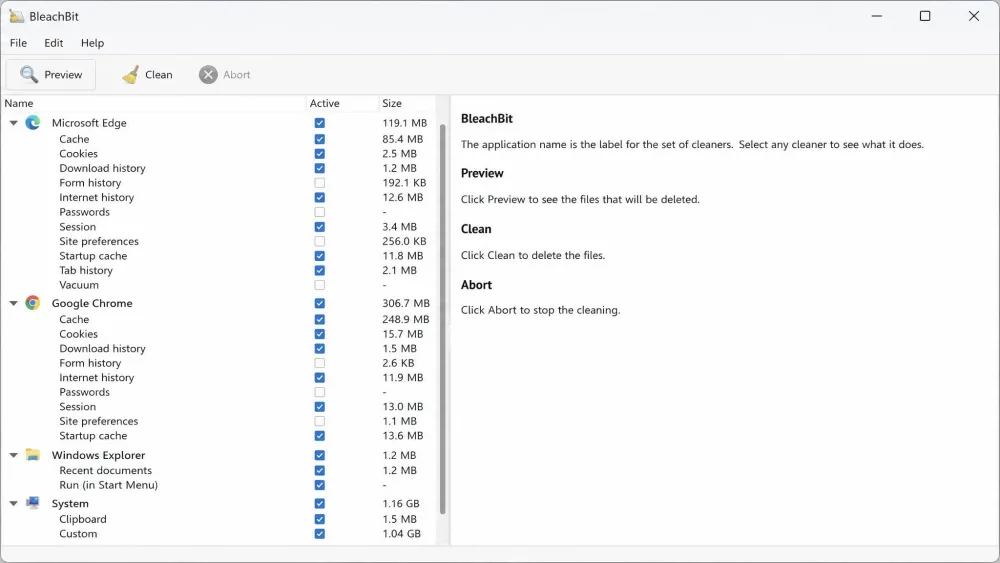 The BleachBit interface on Windows showing the list of applications with cleaning checkboxes for cache, cookies, and logs, and a Preview button at the top.