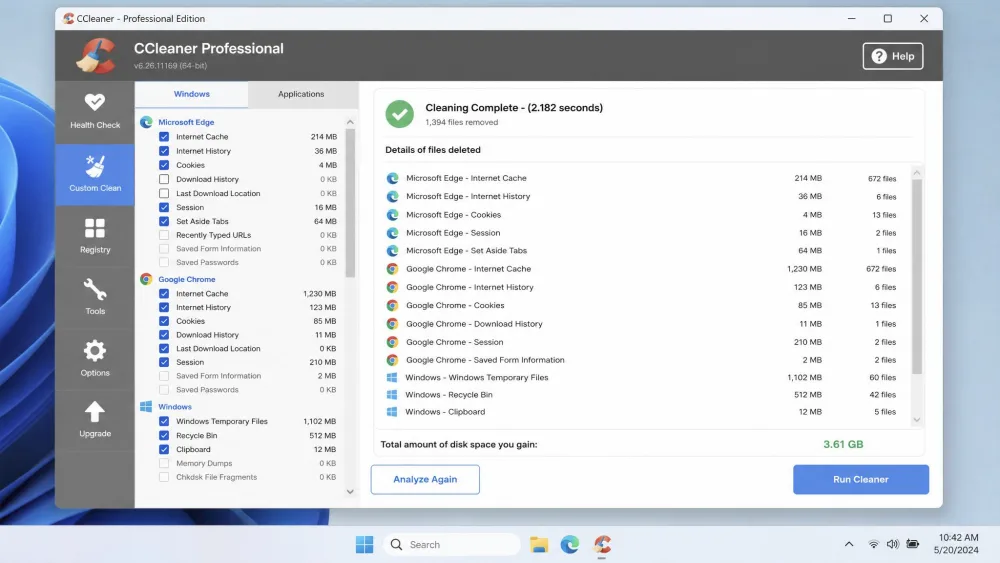The CCleaner results screen on Windows 11 showing several gigabytes of recoverable space broken down by browser cache and temporary files, with the Run Cleaner button highlighted.