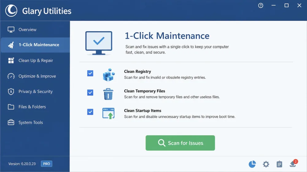 The Glary Utilities 1-Click Maintenance screen on Windows showing checkboxes for clean registry, temporary files, and startup items with a Scan for Issues button.