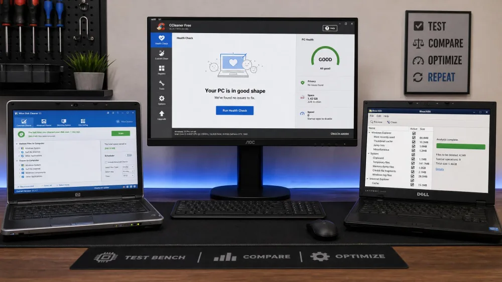 A testing bench with a modern desktop monitor and two older laptops running different PC cleaning software scans side by side for comparison.