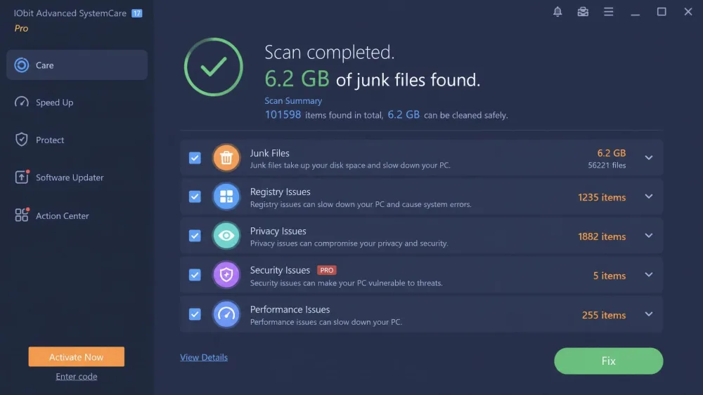 The IObit Advanced SystemCare Care scan results on Windows showing 6.2 GB of junk files found, alongside registry issues and privacy items, with a green Fix button.