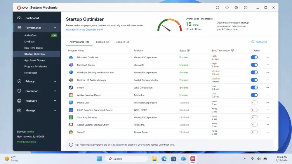 The iolo System Mechanic dashboard on Windows 11 showing the startup optimizer with several boot-time programs listed and toggles to disable them.