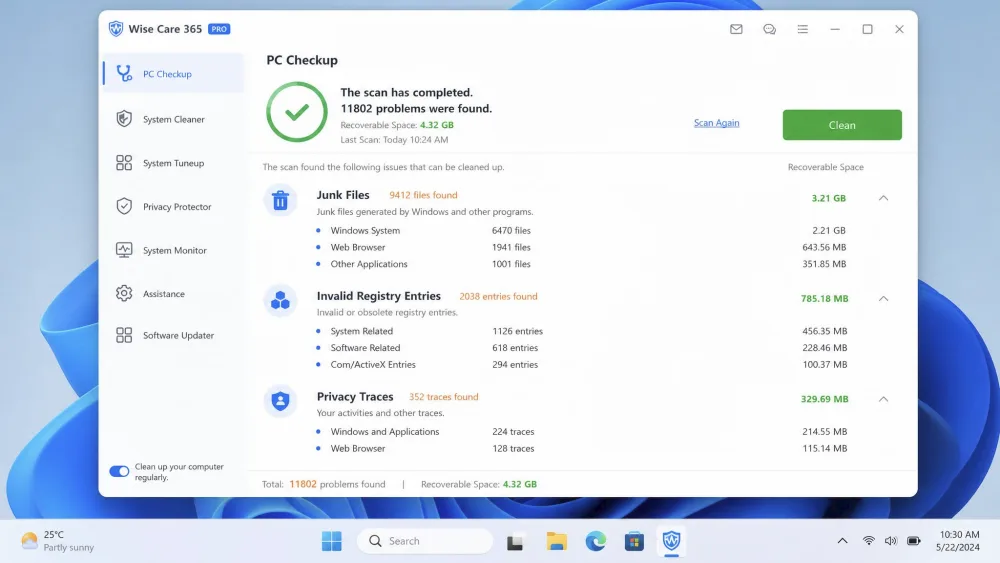 The Wise Care 365 PC Checkup dashboard on Windows 11 listing junk files, invalid registry entries, and privacy traces by category with a recoverable-space figure beside each.