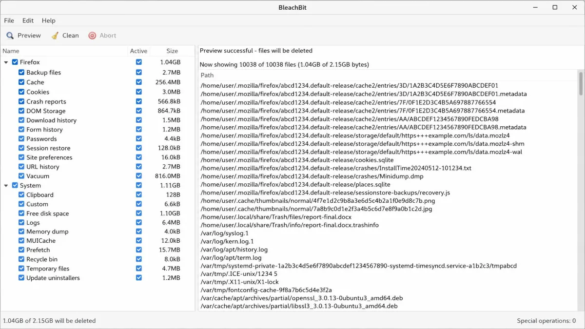 BleachBit's main window with the cleaner checkbox tree expanded for Firefox and System, and the right pane listing individual file paths queued for deletion after a preview run.