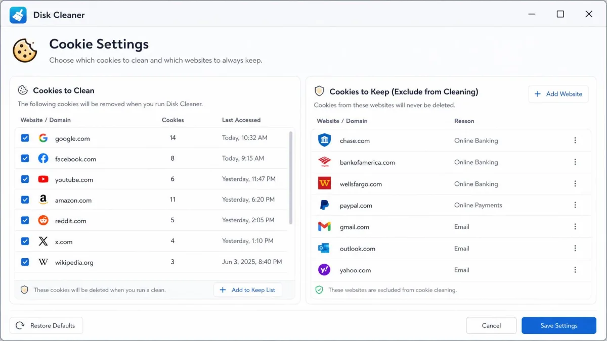 A disk cleaner's cookie settings screen in two columns, with site cookies on the left and a keep-list on the right holding banking and email domains excluded from cleaning.